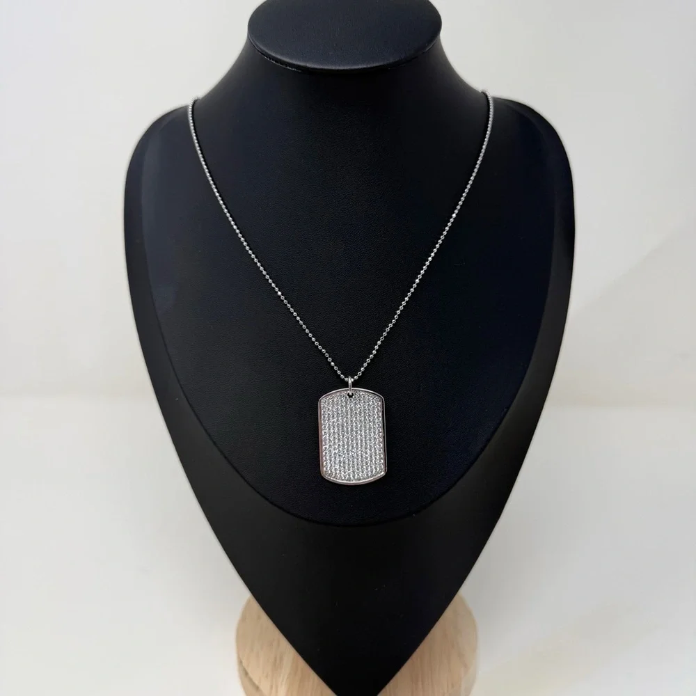 925 Sterling Silver CZ Dog Tag Necklace Made in Turkey Ball Chain Unisex Pendant